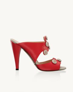 Yayoi 105 heel sandal in coral calfskin with sand calfskin finishes and buttons Francesco Lanzoni Shoes