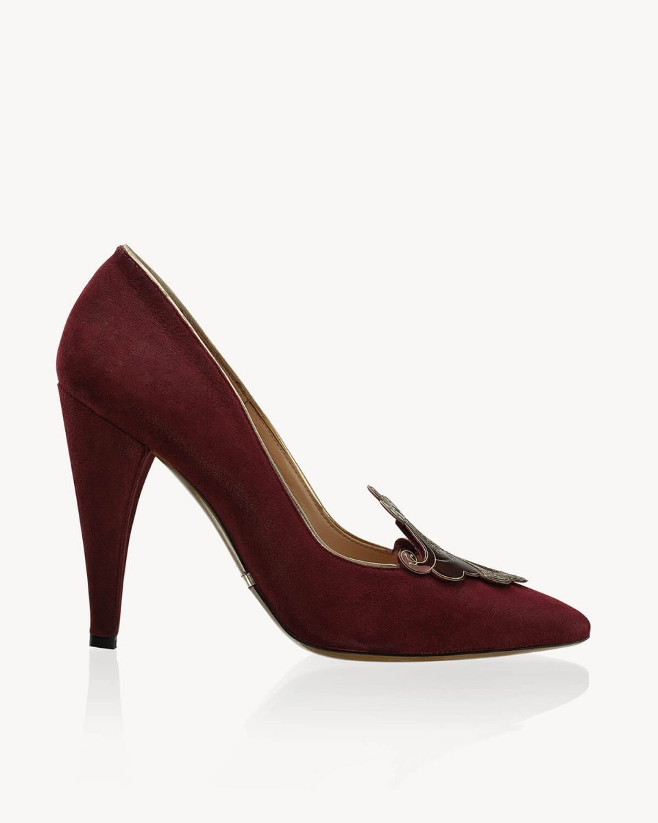 Damita 105 heel pump in bright burgundy suede with floral decoration in patent leather Francesco Lanzoni Shoes