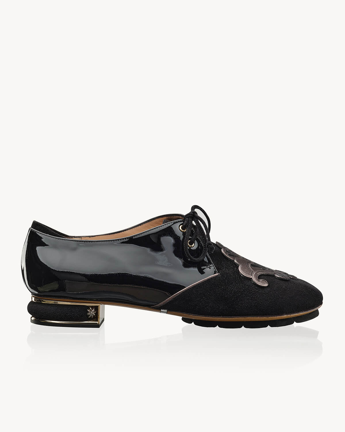 Blix 20 heel derby in black suede and patent leather with decoration in gunmetal nappa Francesco Lanzoni Shoes