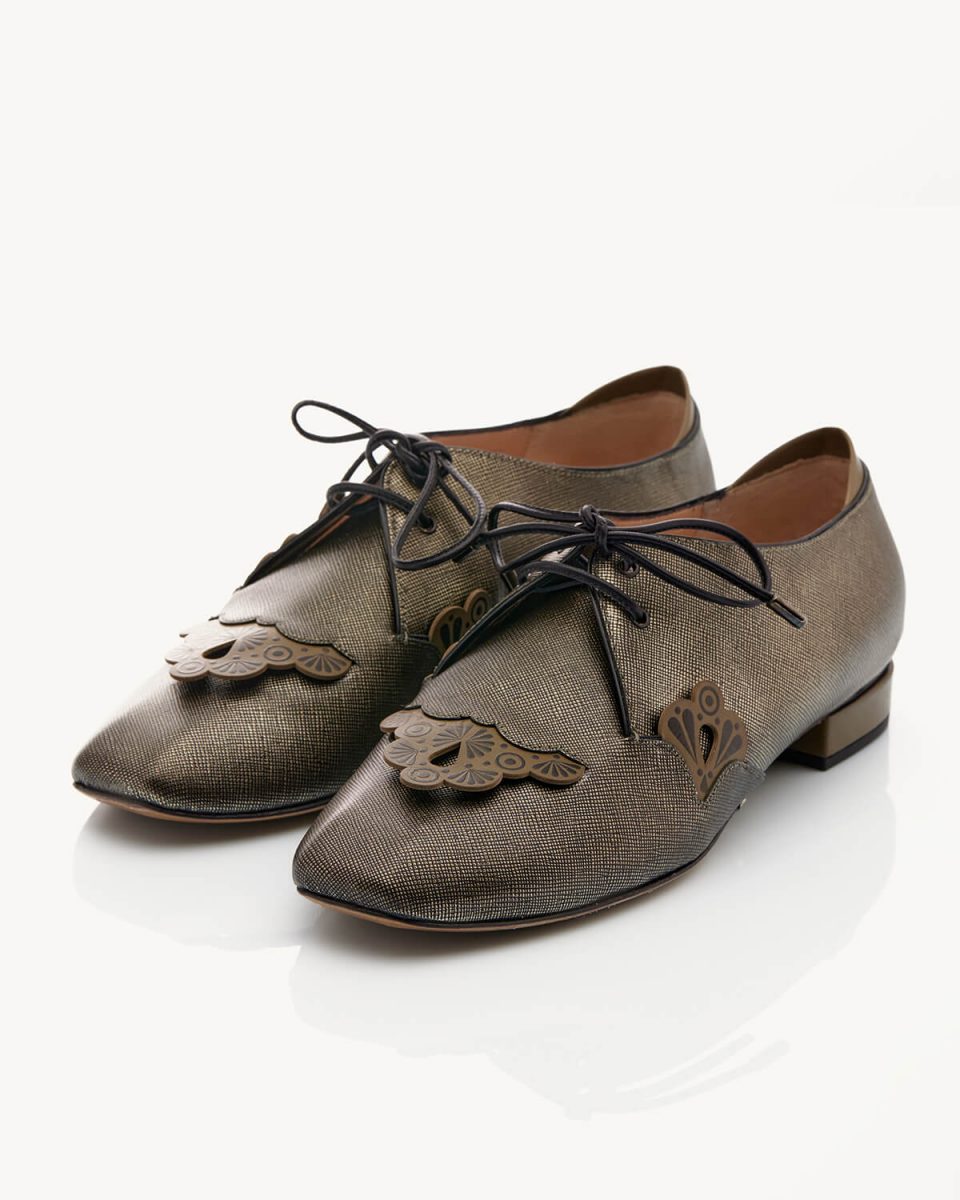 Olivia Derby a tacco 20 in vitello anticato color oliva Francesco Lanzoni Shoes