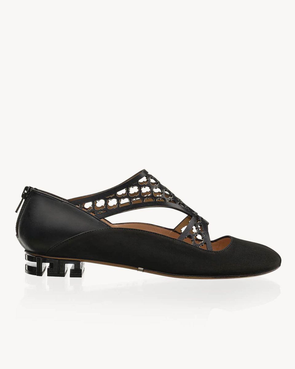 Sara Ballerina a tacco 20 in nabuk nero e tallone in vitello nero Francesco Lanzoni Shoes