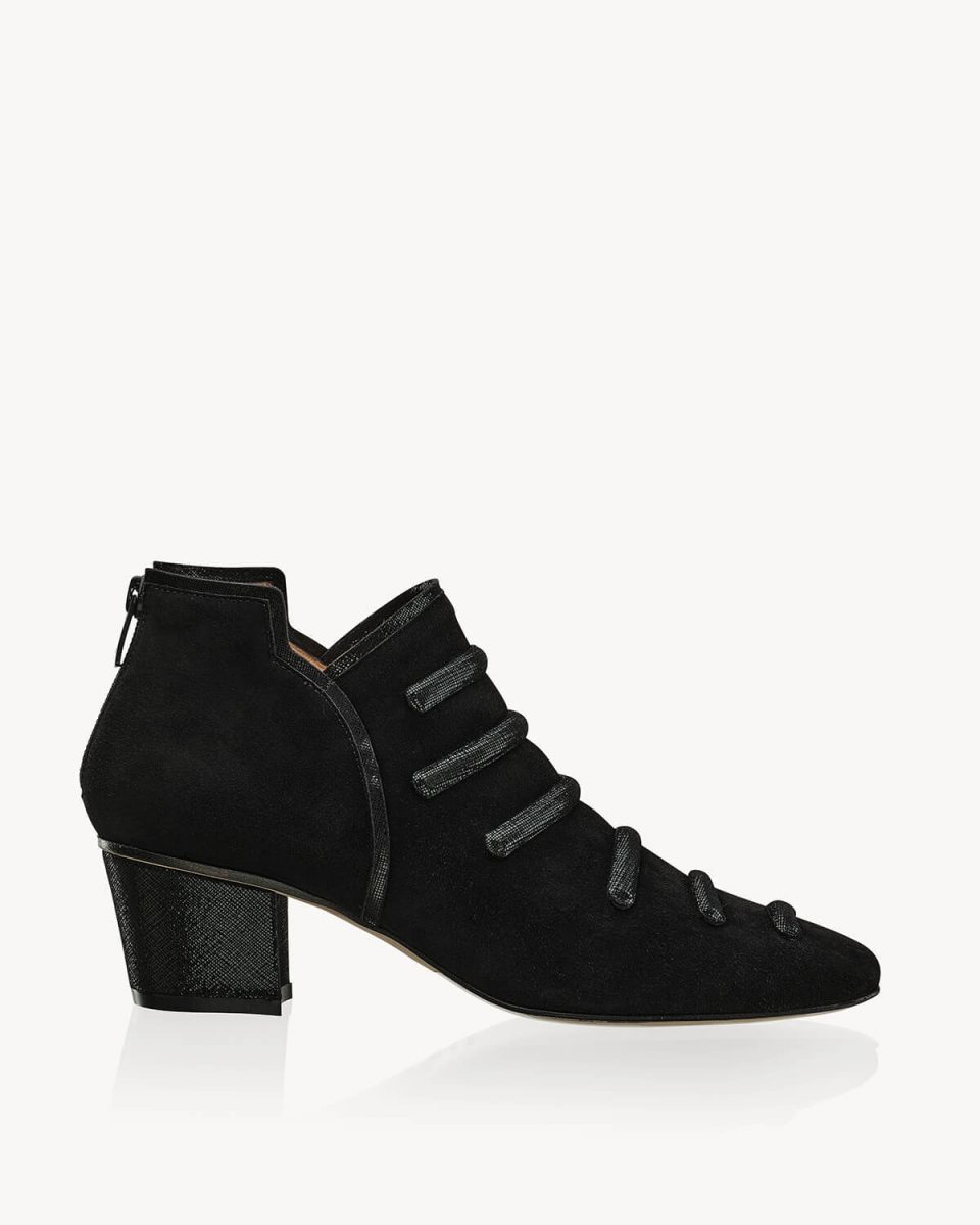 Tessa 50 heel ankle boot in black suede with Bombè decorations in texture effect leather Francesco Lanzoni Shoes