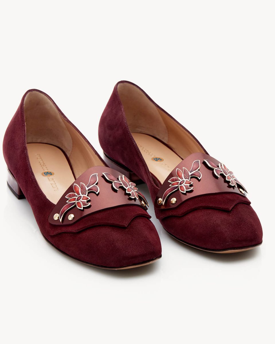Bluma 20 heel moccasin revisited in slightly bright burgundy suede Francecso Lanzoni Shoes