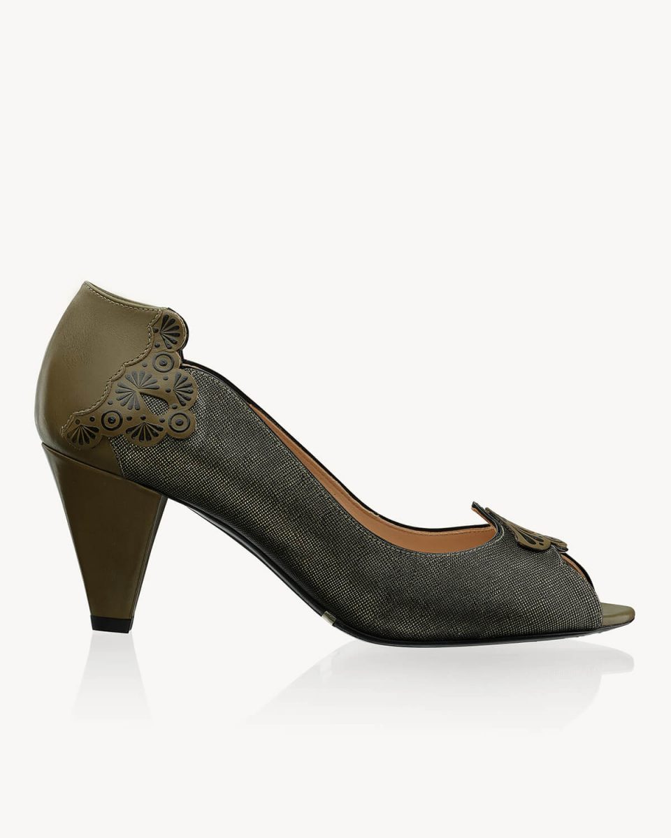 Lola Decolletè spuntato a tacco 70, in vitello anticato oliva Francesco Lanzoni Shoes
