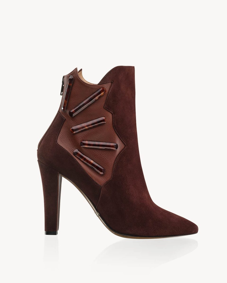 Ivy 105 heel bootie in brown suede and matching lighter tumbled calfskin