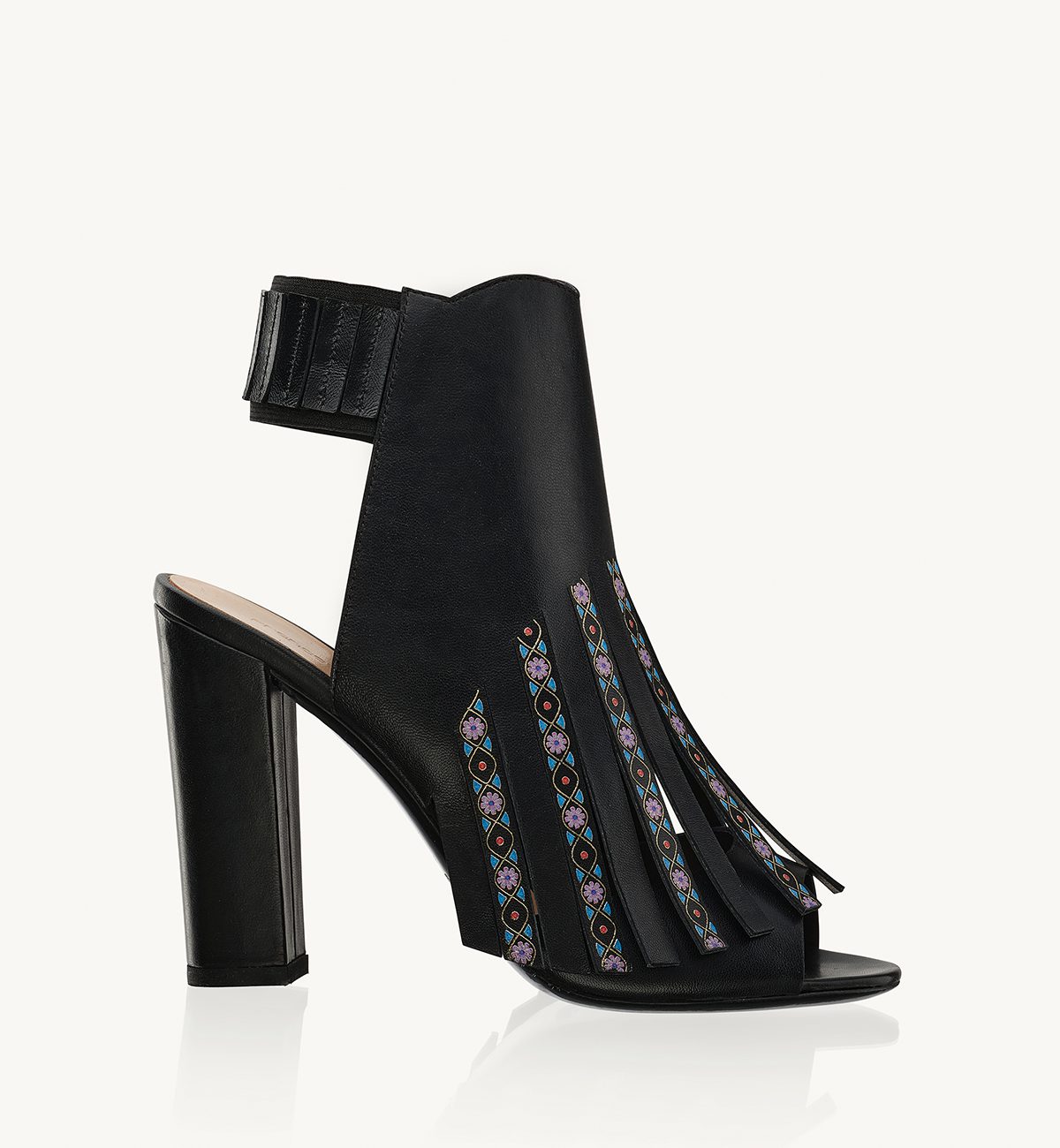 Nora 105 heel sandal in black nappa with fringes and gold foil floral friezes Francesco Lanzoni Shoes