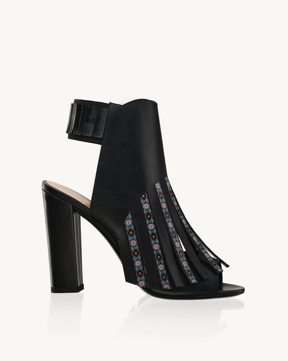 Nora Sandalo a tacco 105 in nappa nera con frange decorate con greca floreale in lamina oro in rilievo Francesco Lanzoni Shoes