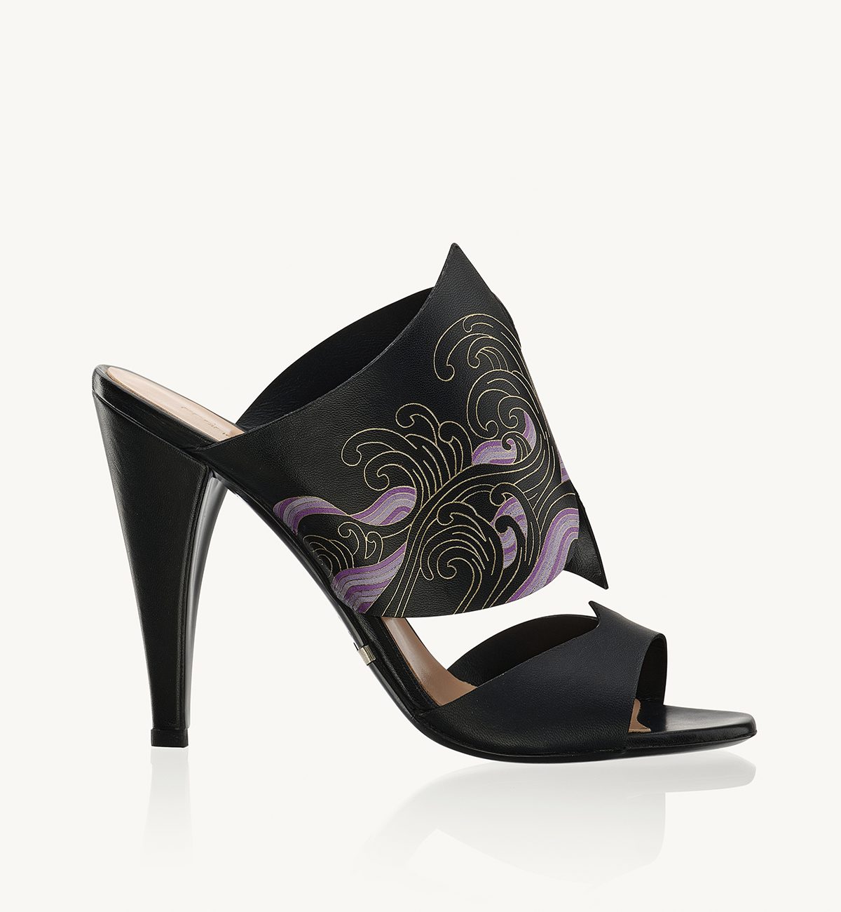 Okinami 105 heel sandal in black nappa leather with pattern in gold foil Francesco Lanzoni Shoes