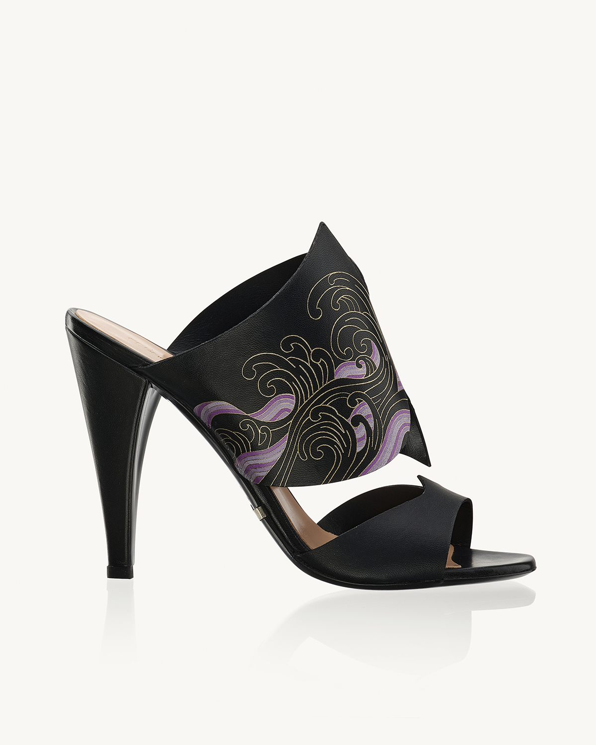 Okinami 105 heel sandal in black nappa leather with pattern in gold foil Francesco Lanzoni Shoes