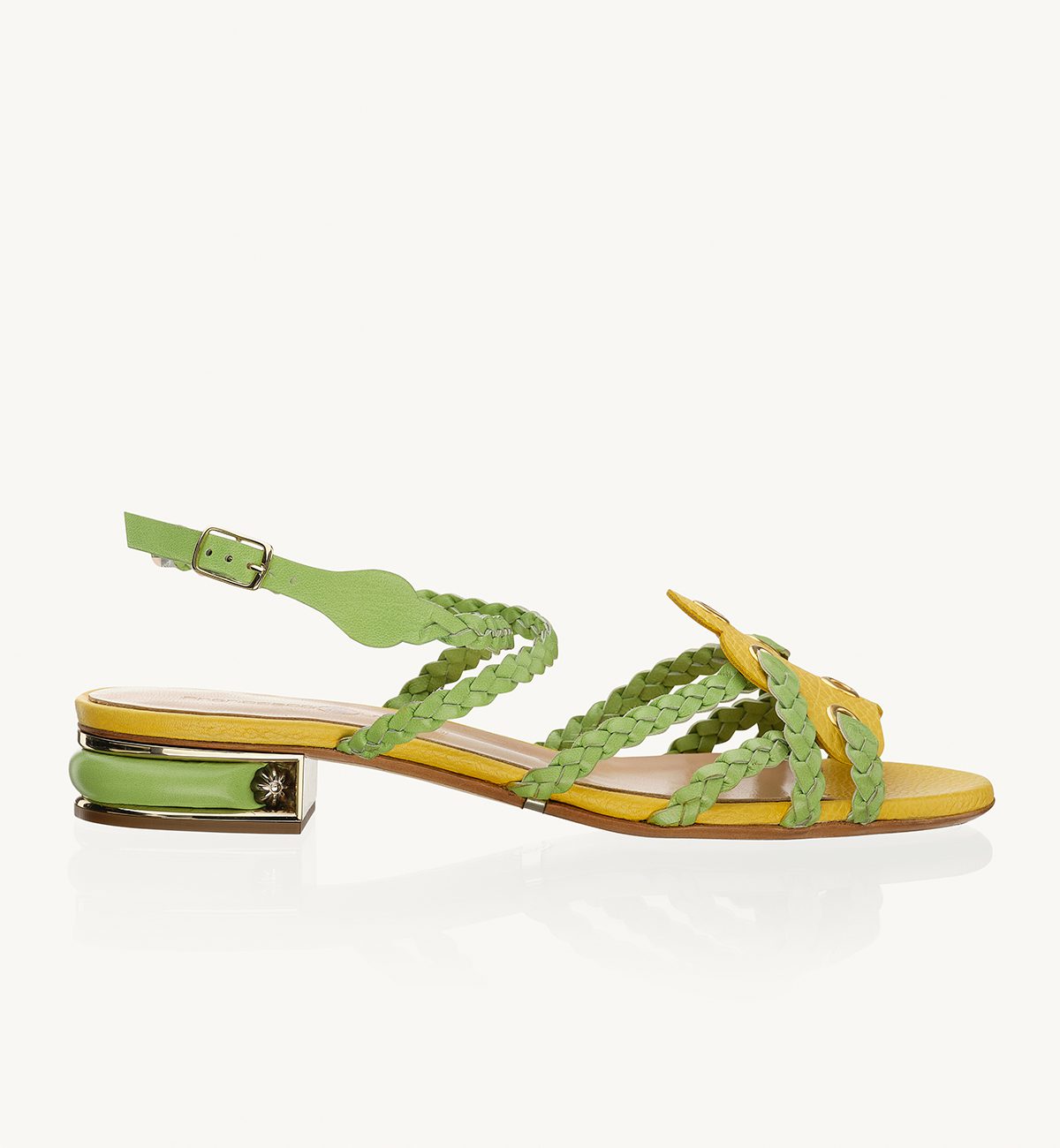 Alaula 20 heel flat sandal in yellow tumbled calfskin with soft lime nappa braids