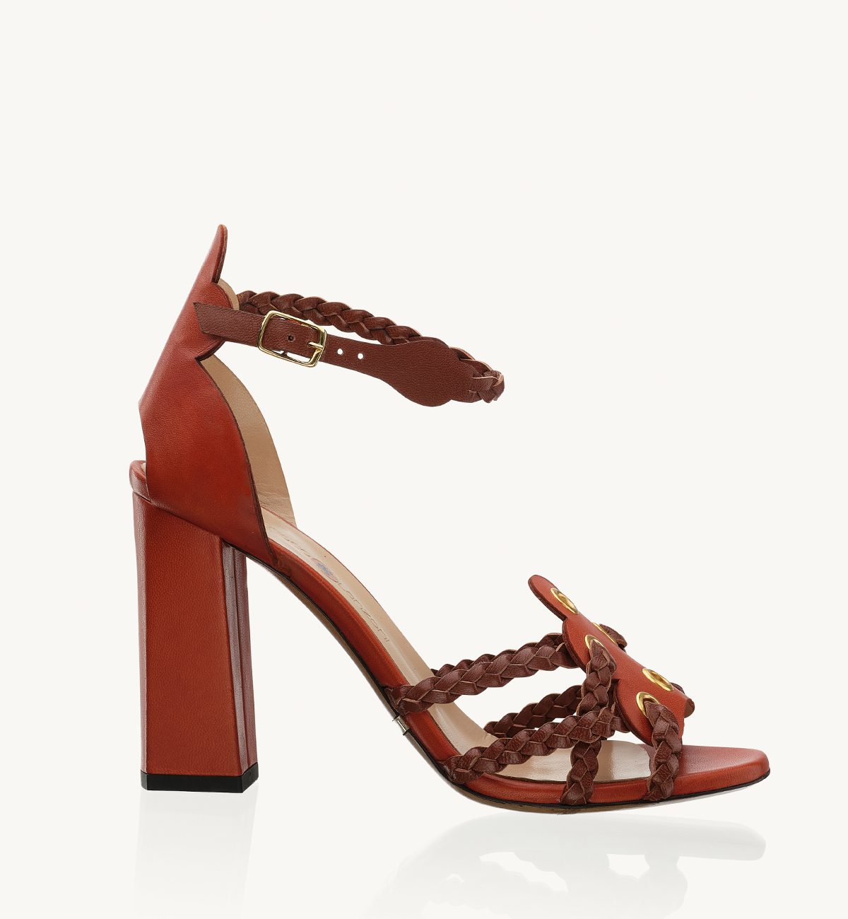 Kalea 90 heel sandal in rust nappa leather with soft braids in brown nappa Francesco Lanzoni Shoes