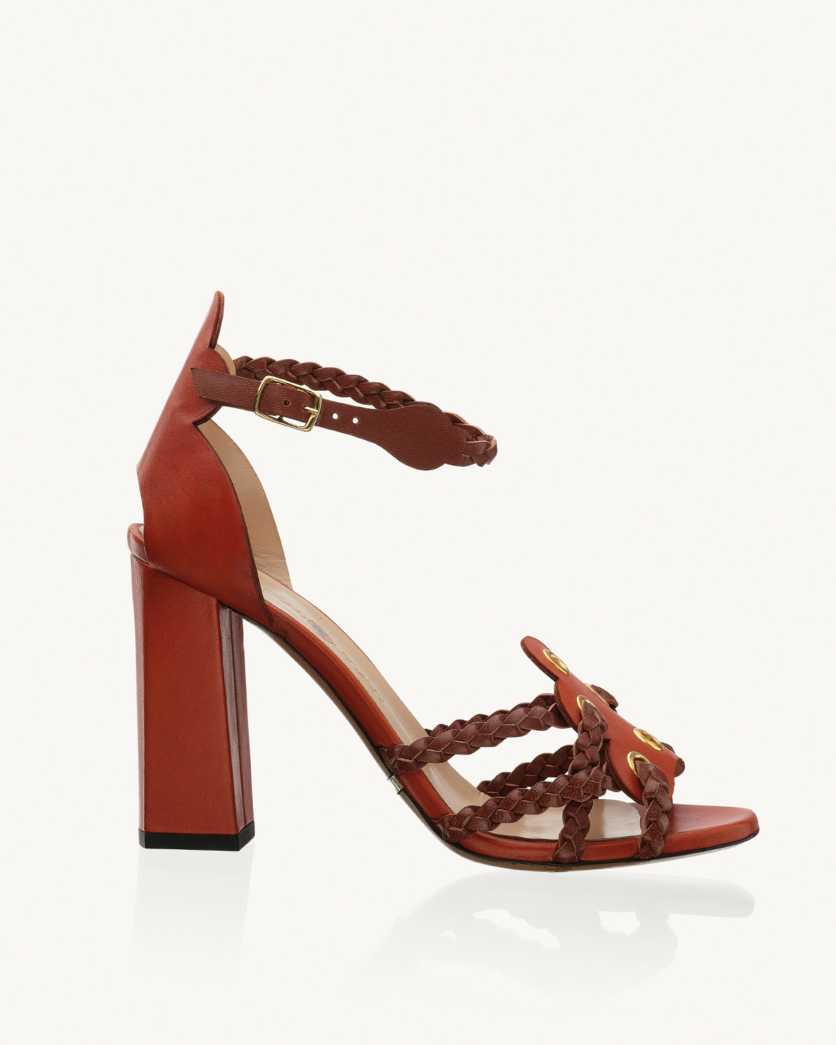 Kalea Sandalo a tacco 90, in nappa ruggine con morbide trecce in nappa marrone sulla punta e nel cinturino Francesco Lanzoni Shoes