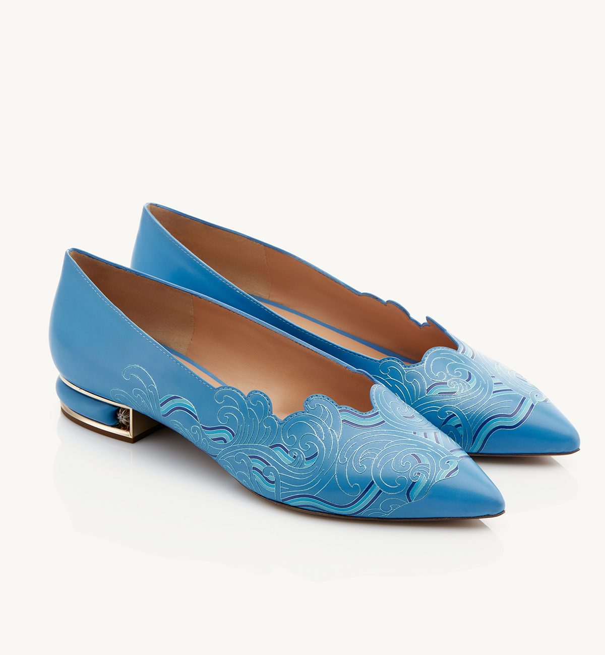 Nami 20 heel ballerina in turquoise calfskin with relief motif in light blue foil Francesco Lanzoni Shoes