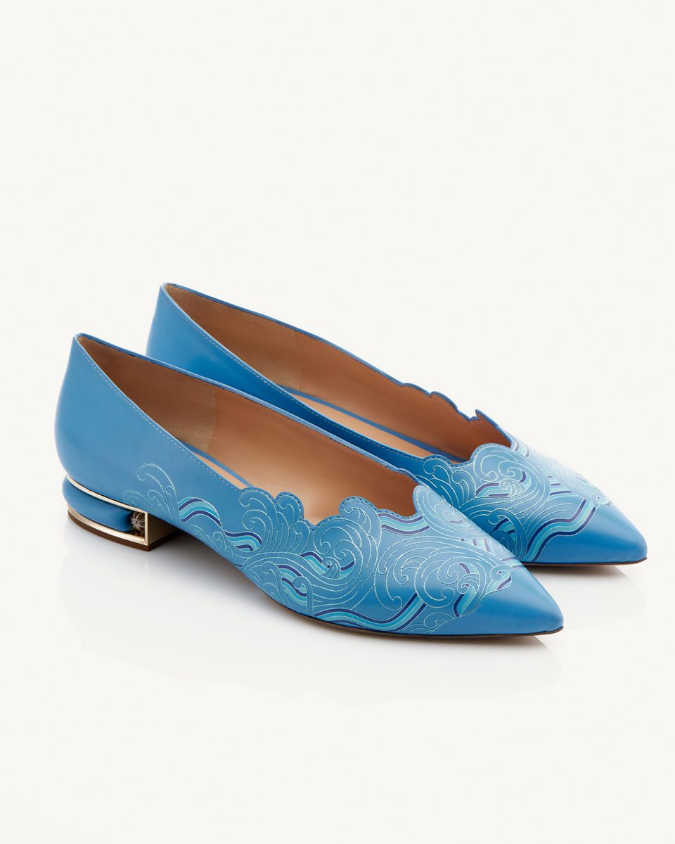 Nami Ballerina a tacco 20, in vitello turchese con motivo esclusivo in rilievo in lamina celeste Francesco Lanzoni Shoes