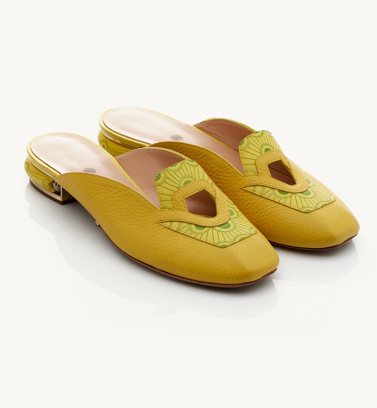 Akira 20 heel slipper in yellow tumbled calfskin, and fresh lime summer motifs Francesco Lanzoni Shoes