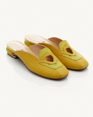 Akira Slipper a tacco 20, in vitello bottalato giallo, arrichita da freschi motivi estivi in lime Francesco Lanzoni Shoes