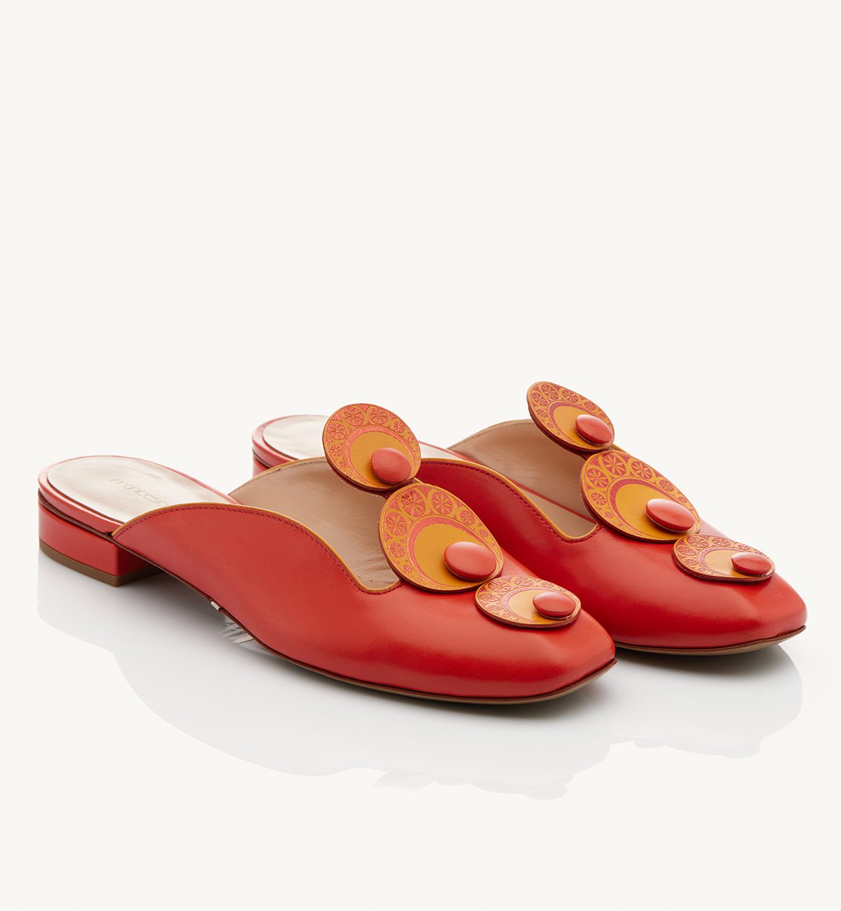Priya 20 heel slipper in red orange calfskin with Indian laminated drapery on orange nappa Francesco Lanzoni Shoes