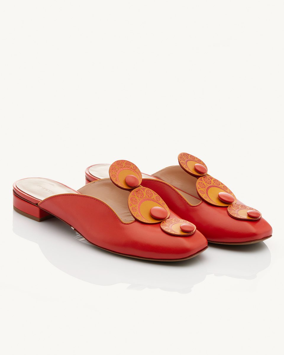 Priya Slipper a tacco 20, in vitello rosso arancio con drappeggi laminati indiani su nappa arancione Francesco Lanzoni Shoes