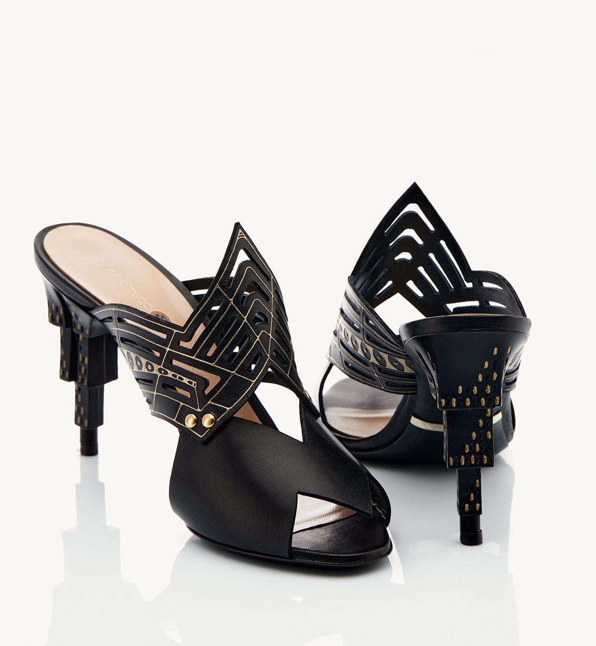 Sky 90 heel sandal in black nappa leather with relief Decò pattern in gold foil Francesco Lanzoni shoes