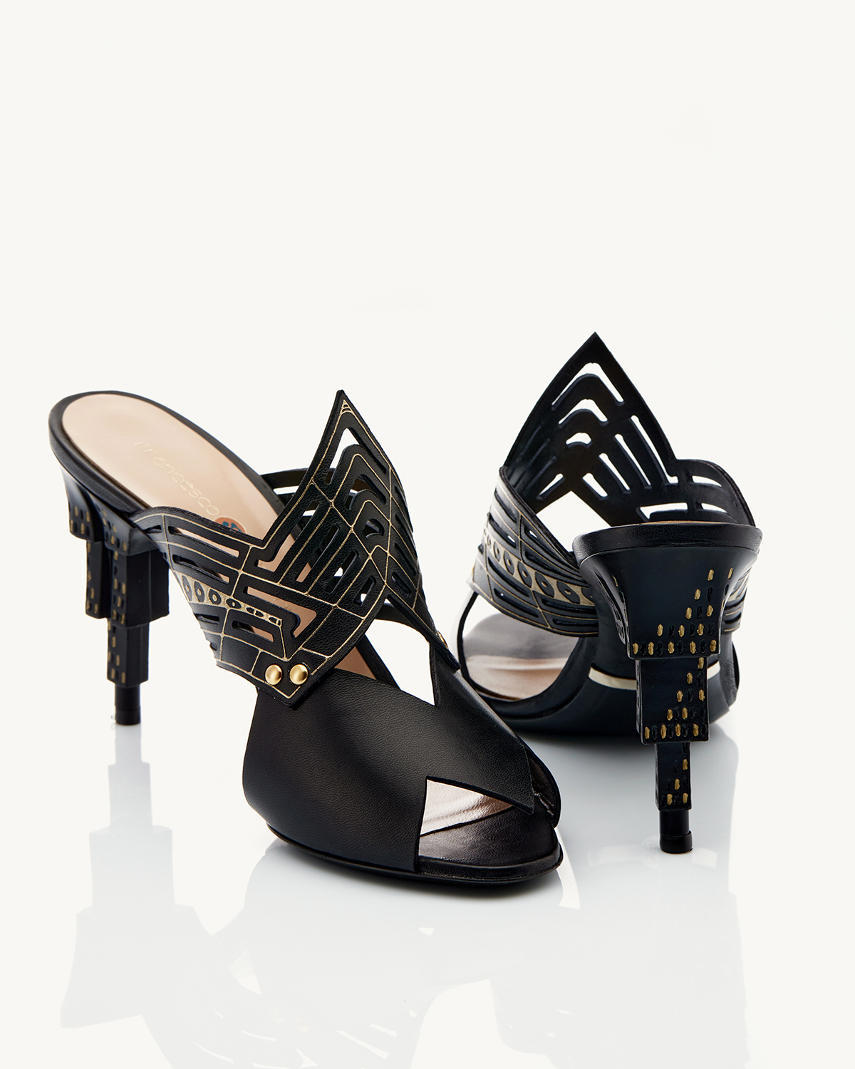 Sky 90 heel sandal in black nappa leather with relief Decò pattern in gold foil Francesco Lanzoni shoes